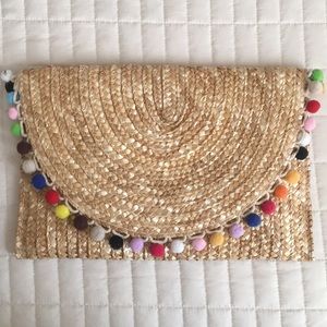 Rainbow Pom Pom Clutch in Natural Straw